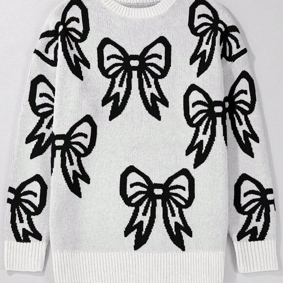 Casual Women's Jacquard Bow Print Round Neck Long Sleeved sweater top - Picture 3 of 8